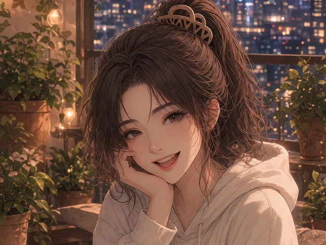 官方角色林映希：夜晚咖啡館窗邊托著臉笑的咖啡師