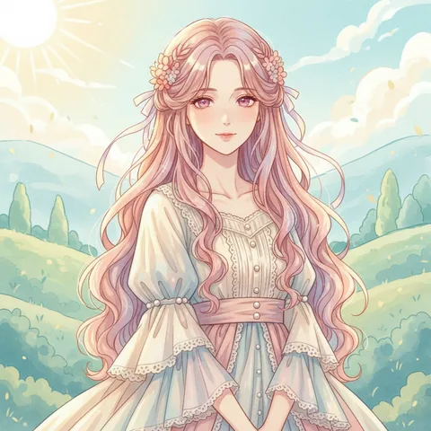 早安晚安的角色立繪範例:晨光草原上的長髮少女