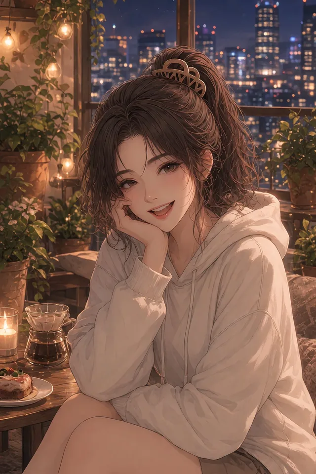 官方角色林映希：夜晚咖啡館窗邊托著臉笑的咖啡師